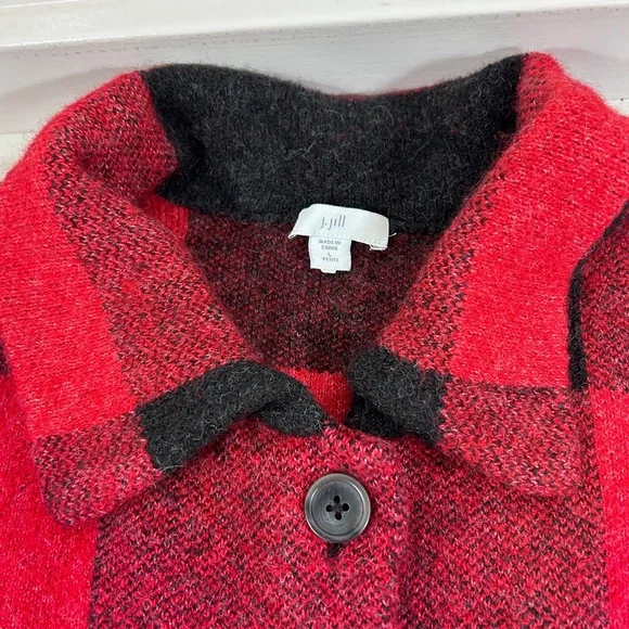 J.Jill Buffalo Red Black Cardigan Wool Blend Soft Jacket Large Petite - Picture 9 of 11